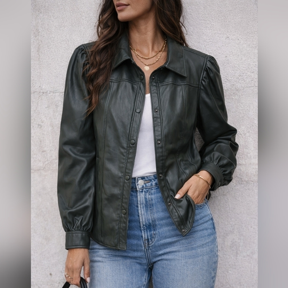 Blank NYC Faux Leather Jacket XL Dark Forest Green Puff Sleeve Snap Front Shirt.